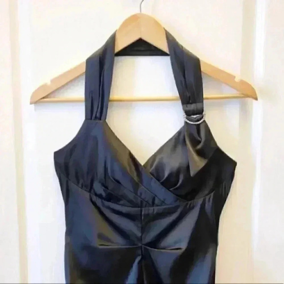 Le Chateau Cocktail Evening Dress Black Satin Halter Neck Bodycon Ruched Small - Picture 6 of 16